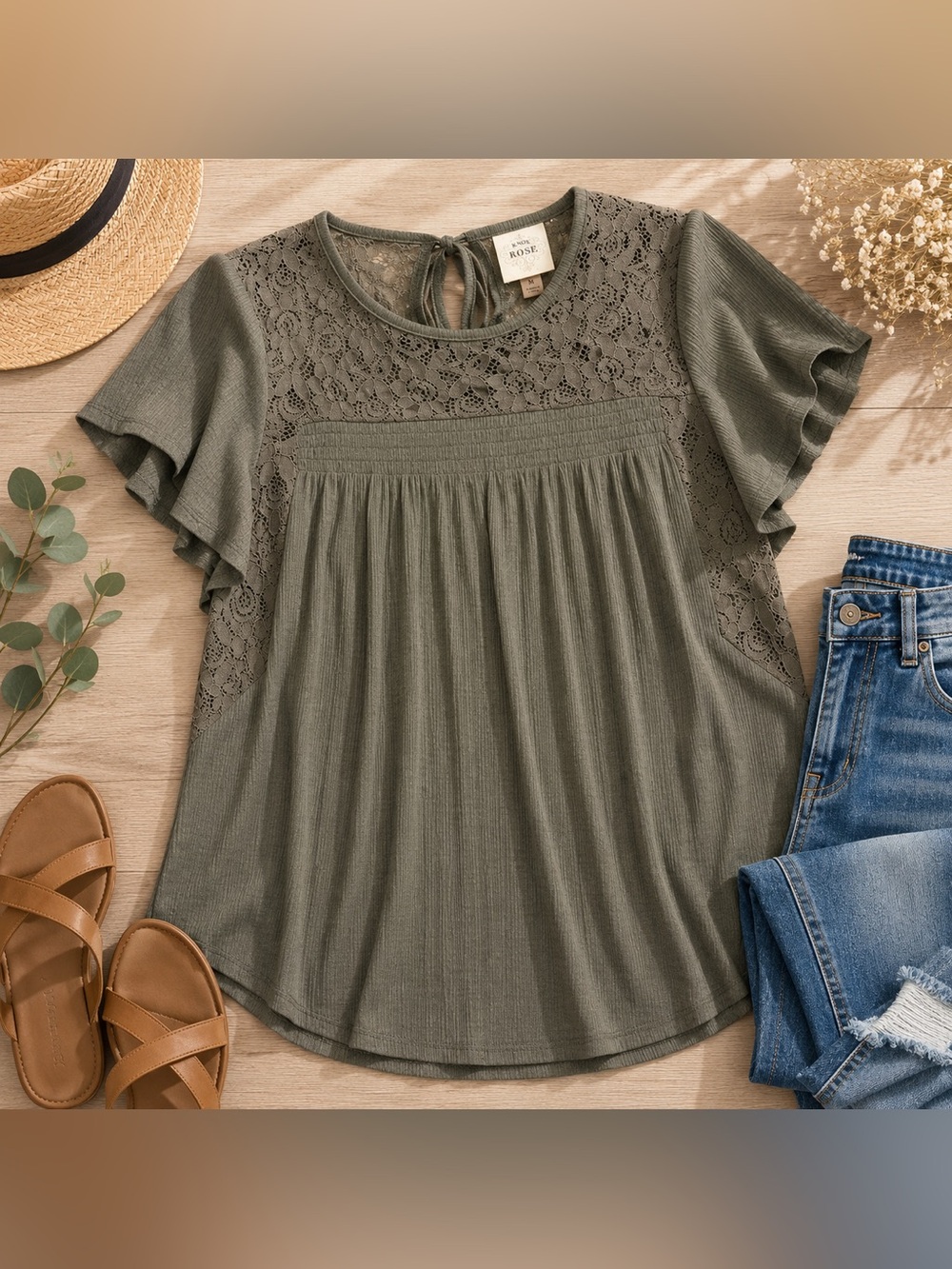 Knox Rose Olive Lace Yoke Flutter Sleeve Top